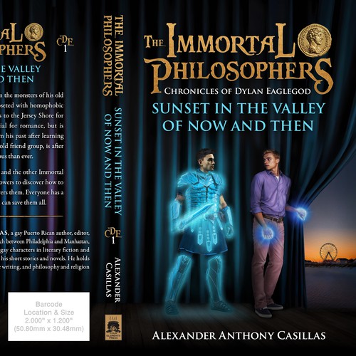 Fiction book cover with the title 'Book-cover design for "Sunset in the Valley of Now and Then" book 1 of "The Immortal Philosophers" series'