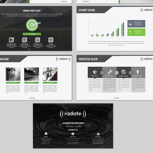Chart design with the title 'A digital marketing brand called Radiate needs a clean, modern PowerPoint template!'