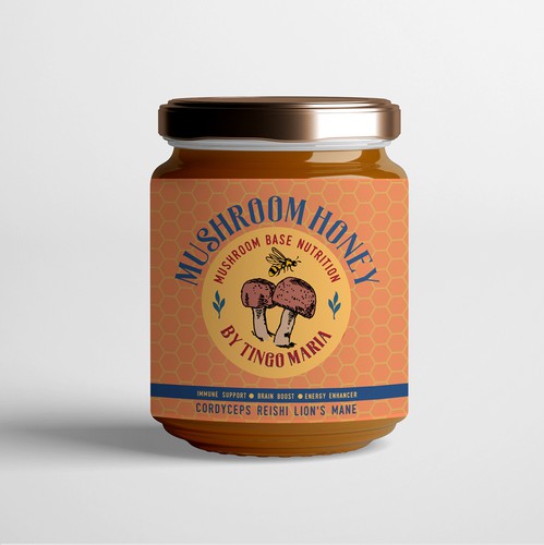 Honey label with the title 'Design and illustration for a Jar label for Medicinal Mushroom Honey'