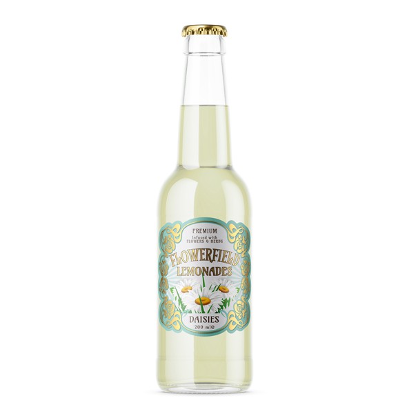 Winner label with the title 'Flowerfield: Label in Art Deco style for a series of lemonades.'