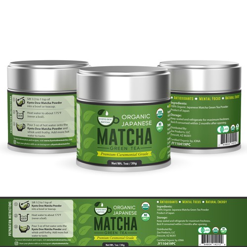 Simple label with the title 'Natural and organic design for Kyoto Dew Matcha'