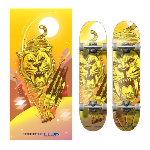 Skateboard illustration with the title 'Sabertooth Board deck design'