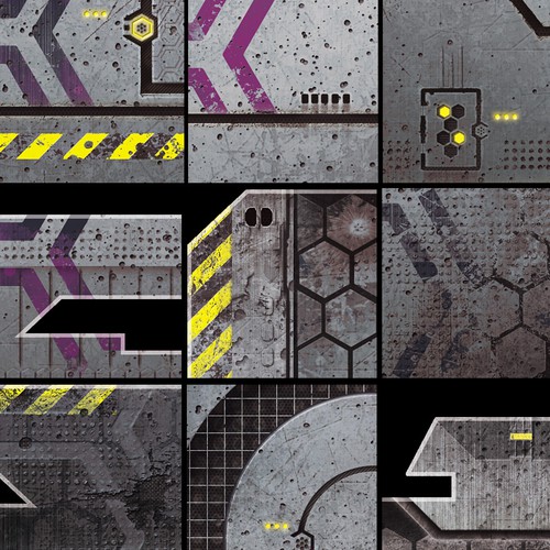 Futuristic illustration with the title 'Details Showcase - Textures for Miniature Wargame Buildings and Terrain'