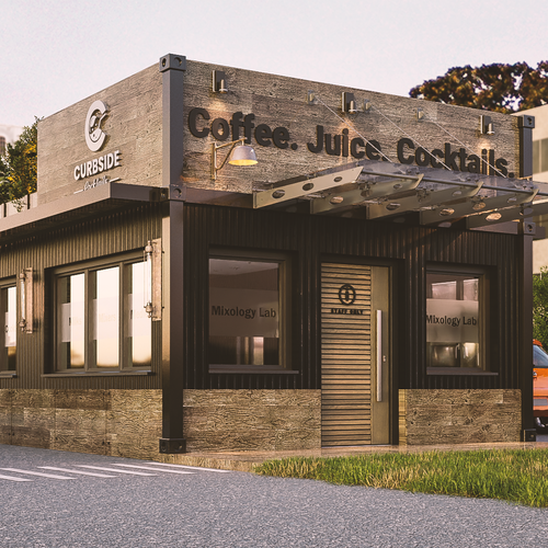 Architecture design with the title '3D Rendering of a drive-thru store'