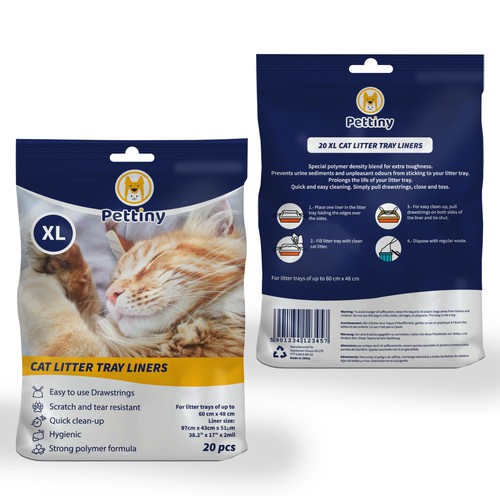 Cat packaging with the title 'Pettiny Cat Litter Tray Liners'