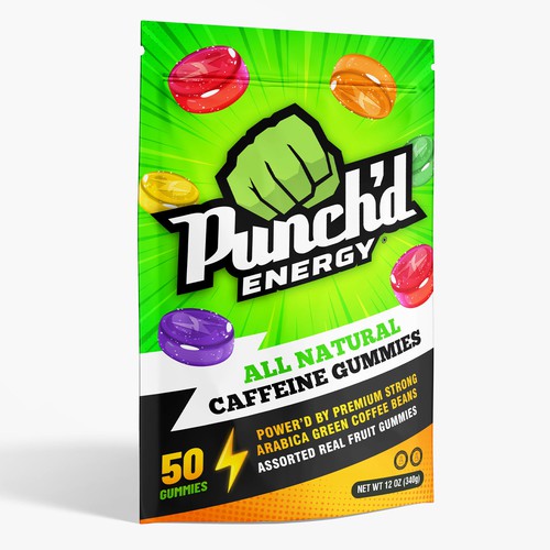 Gummy packaging with the title 'Punch'd Pack Gummie bag designing'