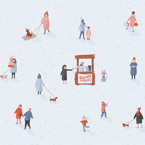 Coffee shop artwork with the title 'Holiday Scene at the Dog Park'