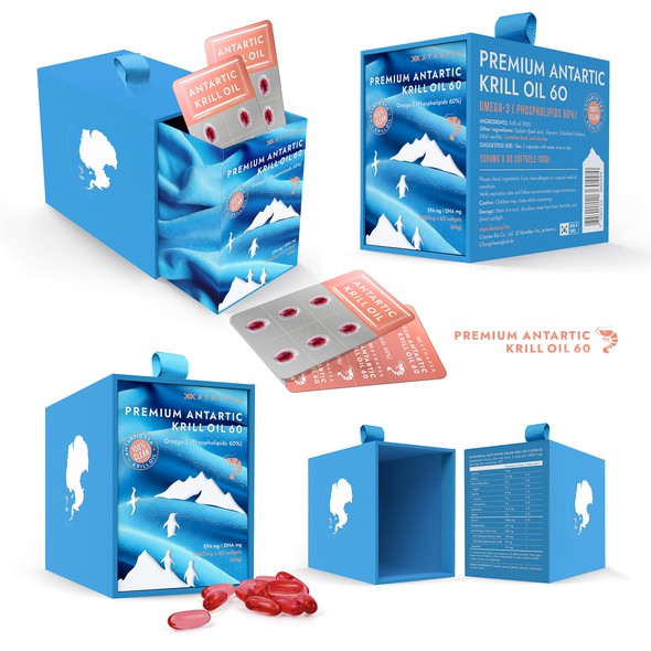 Pills packaging with the title 'Krill oil packaging design'