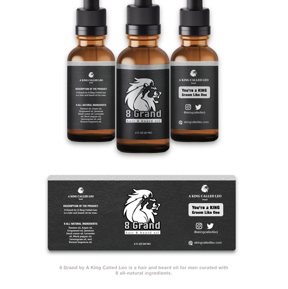 Black and white label with the title 'minimalist and masculine product label for hair and beard oil '