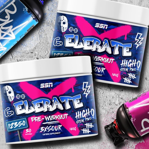 Pre-workout label with the title 'ELERATE X JAR PACKAGING'