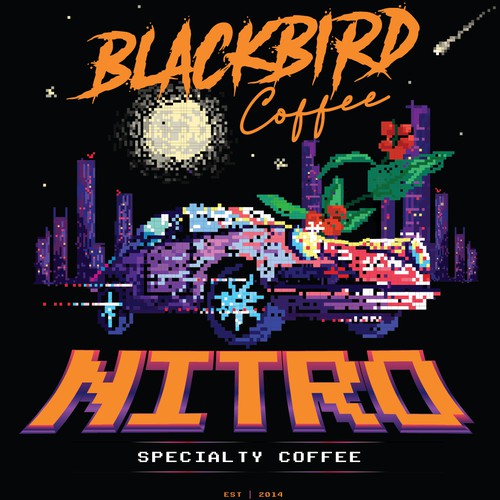 Synthwave design with the title 'Blackbird Coffee'