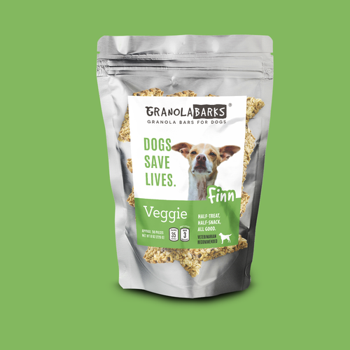 California design with the title 'Print ready packaging design for Granola Barks - feauting shelter dogs waiting for adoption in Santa Barbara, CA'
