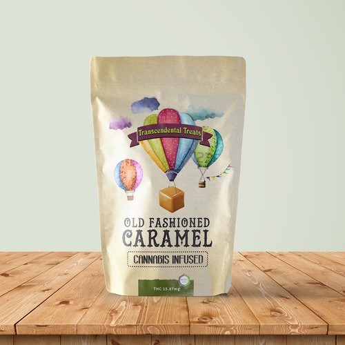 Pouch packaging with the title 'Label design for cannabis infused caramel'