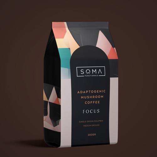 Shop packaging with the title 'Sophisticated and colourful adaptogenic coffee packaging'