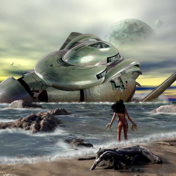 Spaceship design with the title 'Fantasy sci-fi scene'