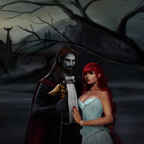 Book cover artwork with the title 'Ebon City: Death and Maiden Book Cover (No Text)'