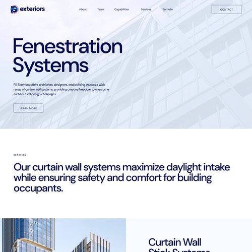 Architecture website with the title 'Clean and modern page for the Fenestration Systems service'