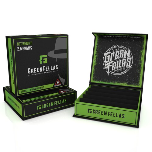 Mailer box packaging with the title 'PRODUCT PACKAGING FOR GREEN FELLAS'