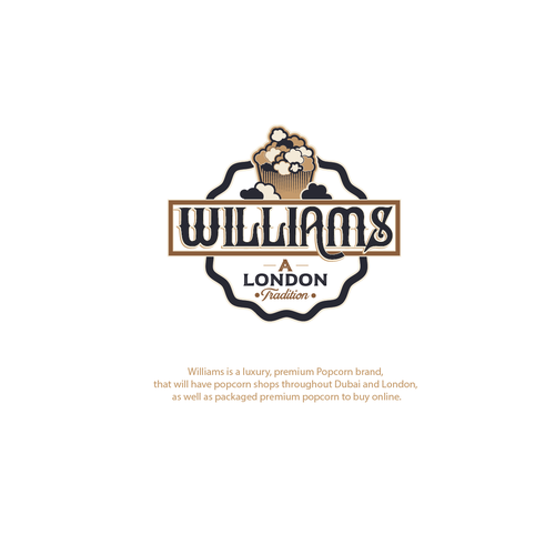 Traditional logo with the title 'vintage logo design for williams popcorn brand'