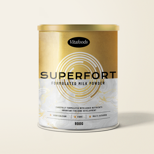 Tin packaging with the title 'Packaging design for scientifically-formulated milk powder'