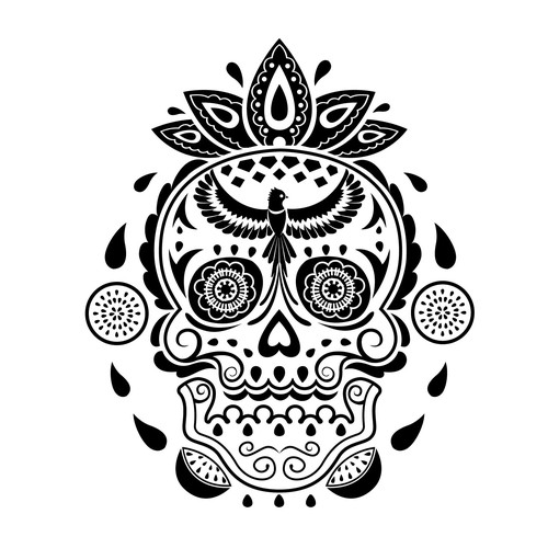 Skull illustration with the title 'Cavalera for Quetzalli'