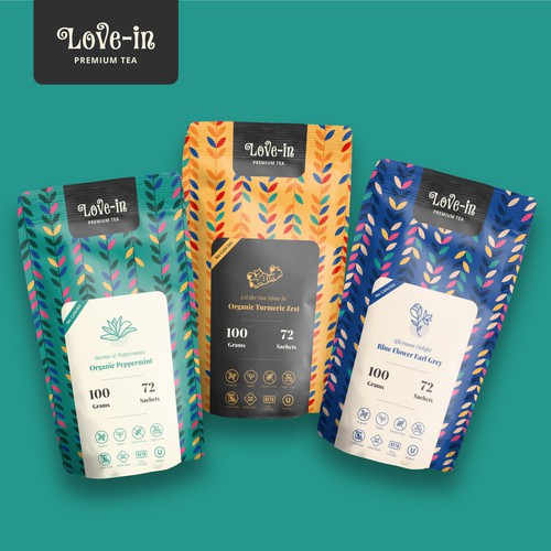 Bright packaging with the title 'Tea Packaging Concept for Live-in Teas.'