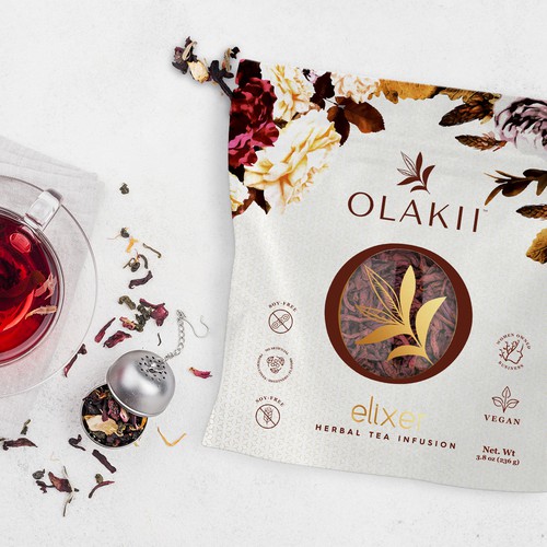 Tea packaging with the title 'OLAKII | elixer herbal tea'