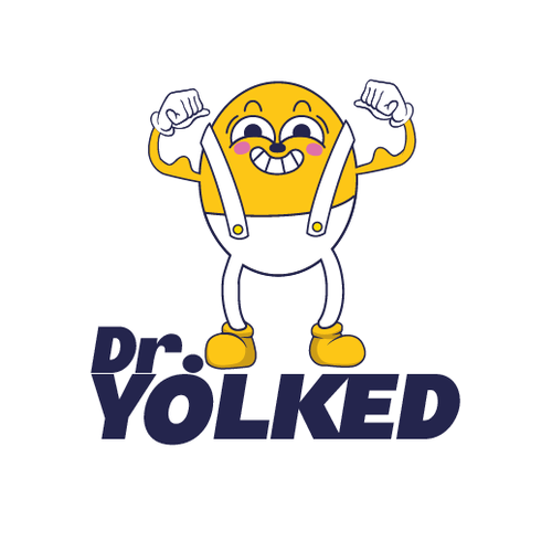 Egg logo with the title 'A fun cartoonish logo for Dr. Yolked'