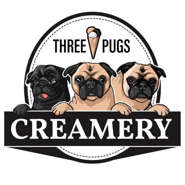 Creamery logo with the title 'Three Pugs Creamery'