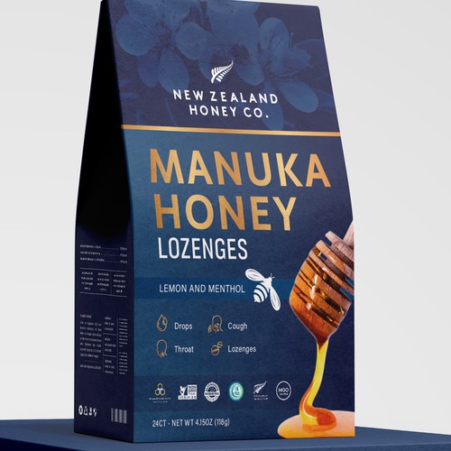 Paper bag packaging with the title 'Manuka Honey Lozenges packaging design'