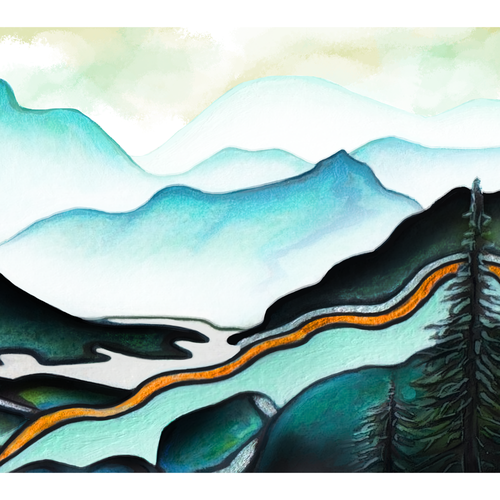Mountain artwork with the title 'Watercolor Mountain Nature Scene'