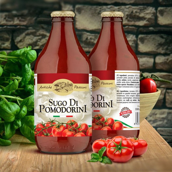 Tomato label with the title 'Label design for Italian tomato sauce'