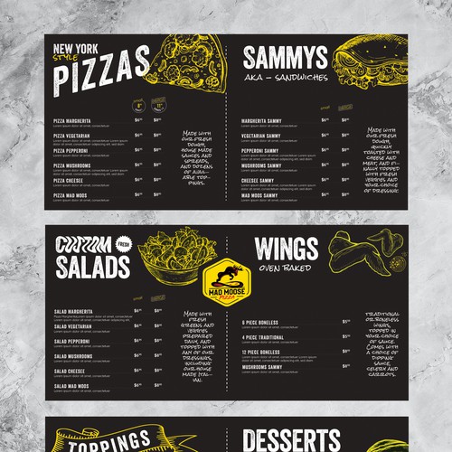 Yellow and black design with the title 'Mad Moose Menu Boards'