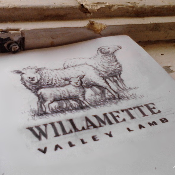 Drawing illustration with the title 'Sketch for "Willamette Valley Lamb", a sheep farm.'