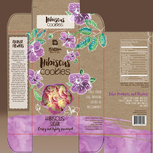 Leaf packaging with the title 'BEAUTIFUL PACKAGE DESIGN FOR HIBISCUS COOKIES'