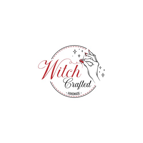 Embroidery design with the title 'Needle trailed by its thread which continues on to write the word "WitchCrafted"'