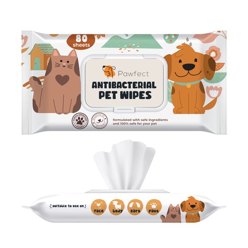 Pet food packaging with the title 'Pet Wipes'