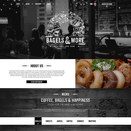 Coffee website with the title '"Healthy & RAWWW, new Bagel place needs trendy website'