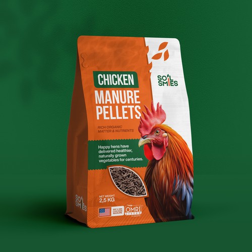 Agriculture packaging with the title 'Packaging Design for Soil Smiles - Chicken Manure Pellets'