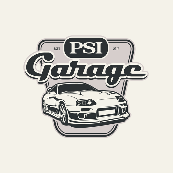 Vintage car logo with the title 'PSI Garage'