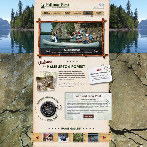 One page website with the title 'Haliburton Forest website Redesign'