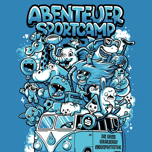 Hand-drawn t-shirt with the title 'Abenteuer Sportcamp 2025'