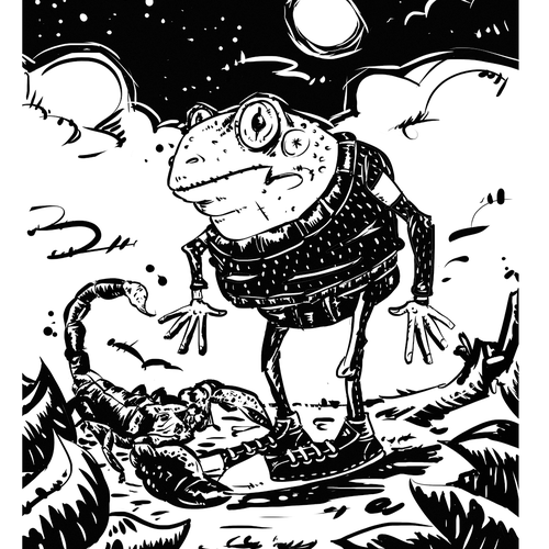 Frog illustration with the title 'frog and scorpion'
