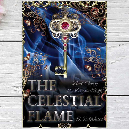 Digital art book cover with the title 'THE CELESTIAL FLAME'