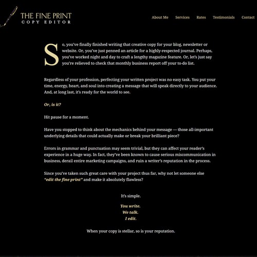 Metallic design with the title 'Freelance Copy Editor Website'