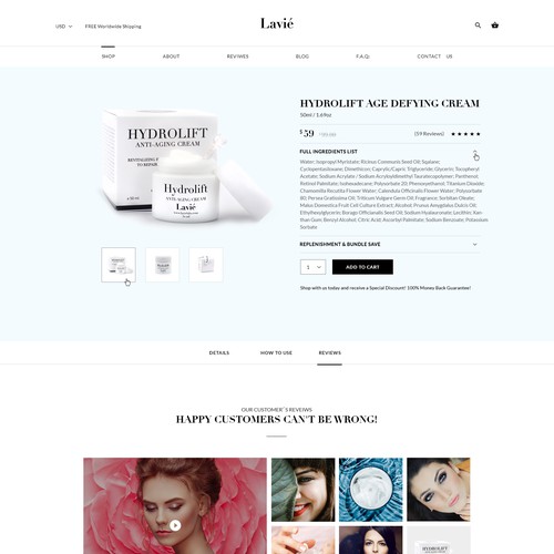 Testimonials design with the title 'Product Page a Premium cosmetics brand.'