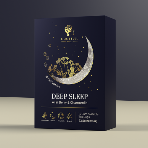 Tea packaging with the title 'DEEP SLEEP TEA - Rebrand'