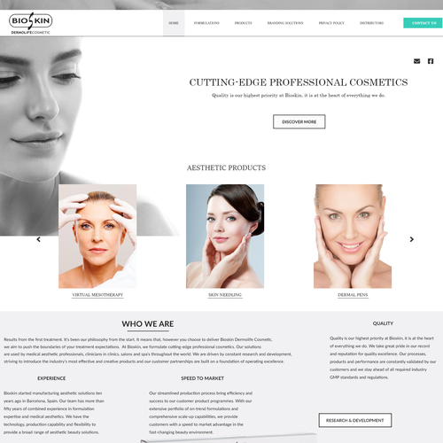 Beauty product website with the title 'Clean design for medical cosmetology'