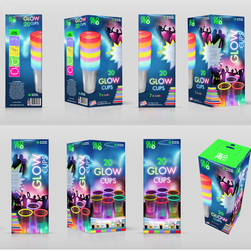 Colorful design with the title 'GloPro "Glow Cup" packaging design'
