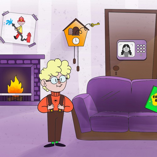 Cartoonish artwork with the title 'Concept of a boy living room for mobile game app'